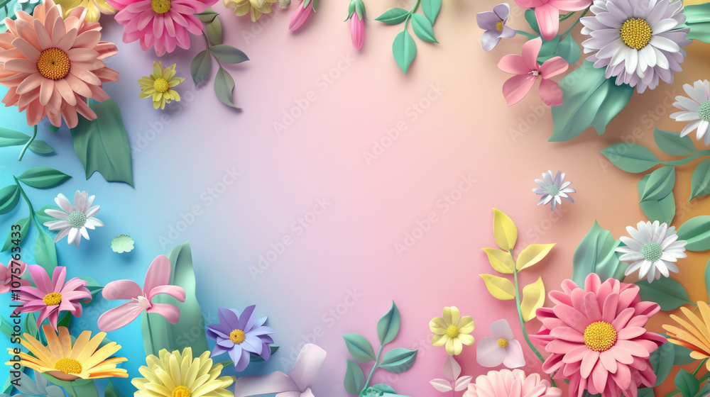 Pastel-colored flowers arranged around a soft pink background, giving a romantic, delicate feel Pastel-colored flowers arranged around a soft pink background, giving a romantic, delicate feel