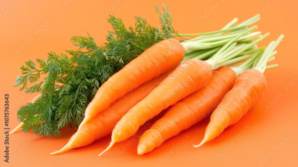Fresh Carrots with Green Tops on Orange Background Fresh Carrots with Green Tops on Orange Background