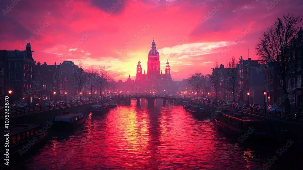 Fototapeta premium Dramatic Sunset over Dutch Canal City with Church and Boats