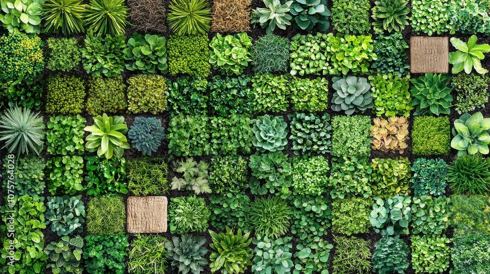 A vibrant, aerial view of a lush, green wall garden featuring a variety of plants and succulents arranged in uniform patches. A vibrant, aerial view of a lush, green wall garden featuring a variety of plants and succulents arranged in uniform patches.