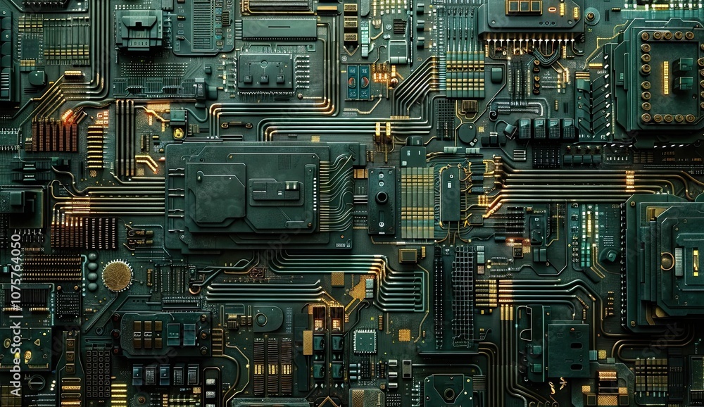 Detailed green circuit board with gold components. Detailed green circuit board with gold components.