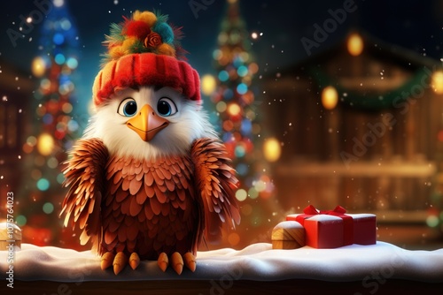 eagle as santa claus on a christmas tree in cute 3d style