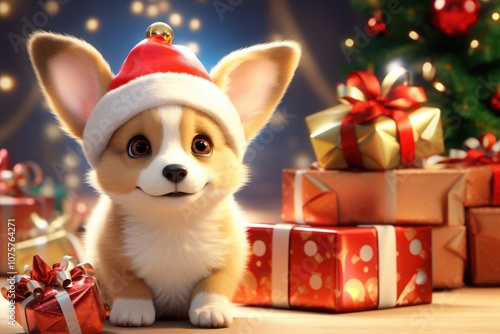 christmas corgy dog with gifts and hat, xmas cute card photo