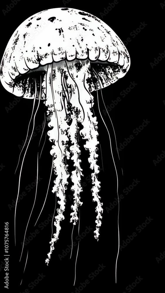 A black and white illustration of a jellyfish with long tentacles, set against a dark background A black and white illustration of a jellyfish with long tentacles, set against a dark background