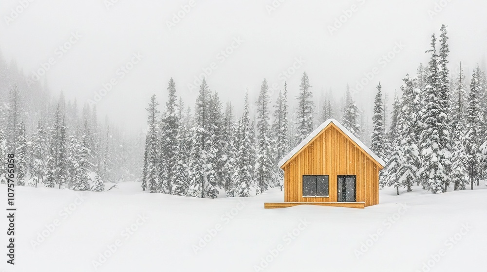 A small wooden cabin surrounded by snow-covered trees on a snowy field, with a dusting of snow on the ground A small wooden cabin surrounded by snow-covered trees on a snowy field, with a dusting of snow on the ground