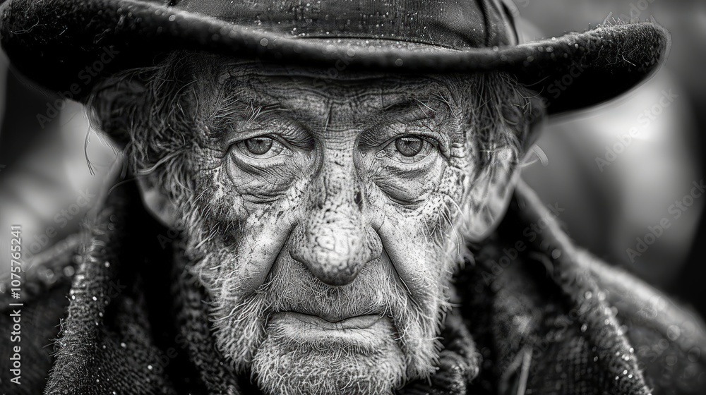 A man with a hat and beard is staring at the camera A man with a hat and beard is staring at the camera
