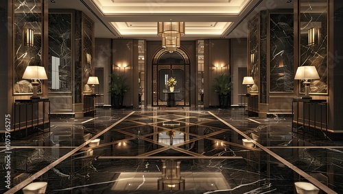 Luxurious hotel lobby with marble floor.
