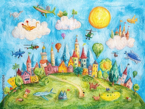 A whimsical, colorful landscape featuring a vibrant village with castles, creatures, and flying objects under a bright blue sky filled with clouds and a shining sun. photo