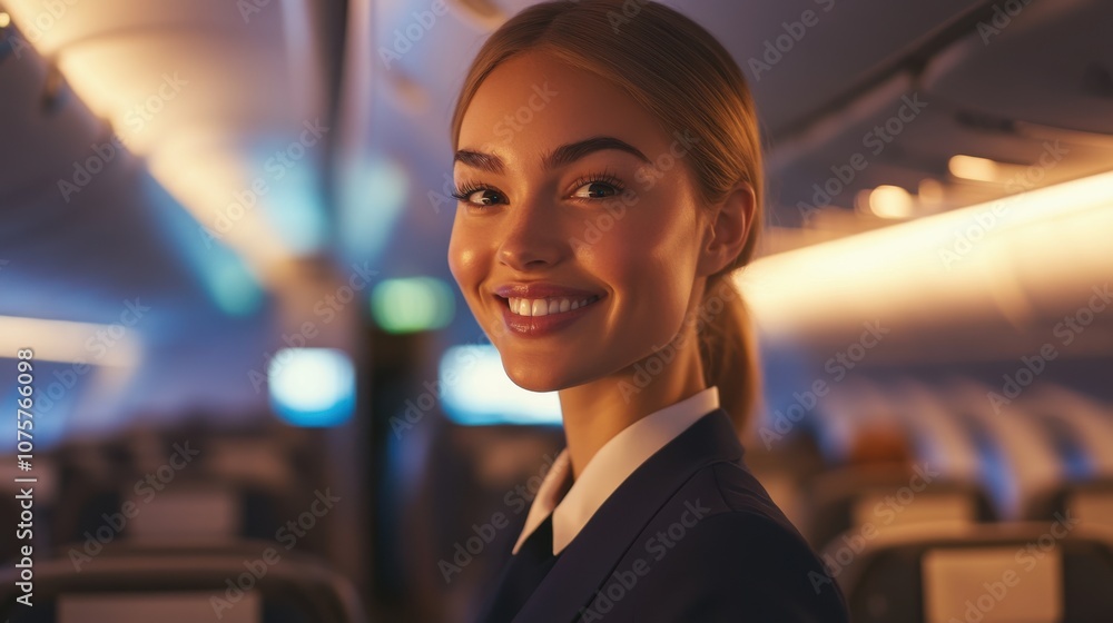 A close-up of a gorgeous flight attendant smiling warmly A close-up of a gorgeous flight attendant smiling warmly