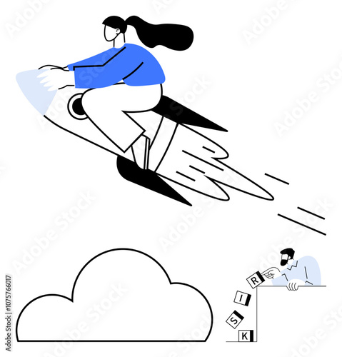 Businesswoman flies on a rocket symbolizing growth and ambition, while a man removes blocks spelling RISK near a clouds edge. Ideal for business strategy, startup growth, risk management, ambition