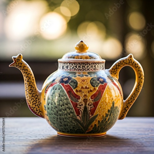 Hand-Painted Ceramic Teapot, Intricate mandala designs, vibrant colors, textured surface, flowing lines, bohemian teapot, mandala pattern, earthy colors, hippie style, teapot, tea, isolated, drink, po photo