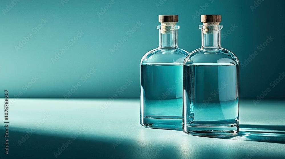 Two bottles of water resting together on a white counter, adjacent to a blue wall Two bottles of water resting together on a white counter, adjacent to a blue wall