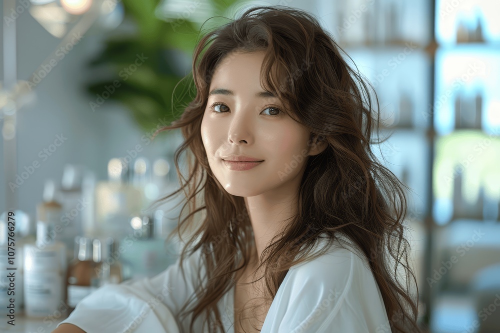 Japanese Woman Demonstrating Skincare Lotion in a Bright Room Japanese Woman Demonstrating Skincare Lotion in a Bright Room