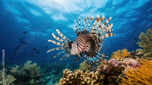 A close-up view of a majestic lionfish with its intricate, fan-like fins,