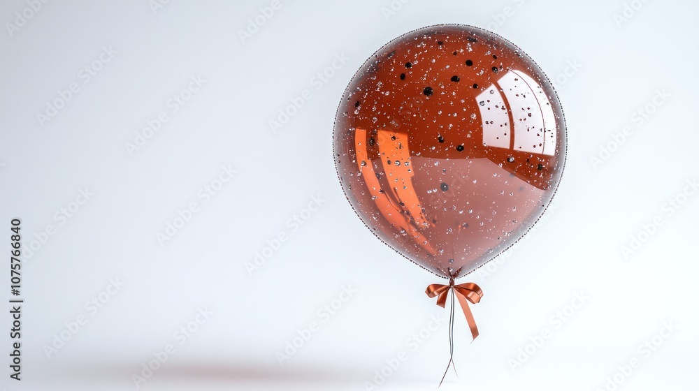 Obraz premium A single, brown balloon with confetti inside, tied with a brown ribbon, floating on a white background.
