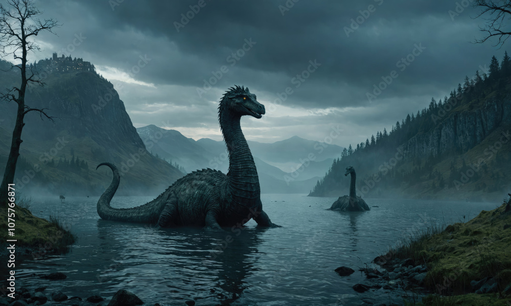 A mythical creature emerges from the depths of a misty lake, its long neck reaching towards the cloudy sky A mythical creature emerges from the depths of a misty lake, its long neck reaching towards the cloudy sky
