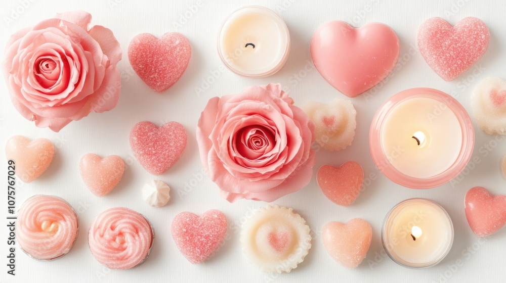 Flat lay of love-themed items: candles, pink roses, and heart-shaped candies, isolated on white Flat lay of love-themed items: candles, pink roses, and heart-shaped candies, isolated on white