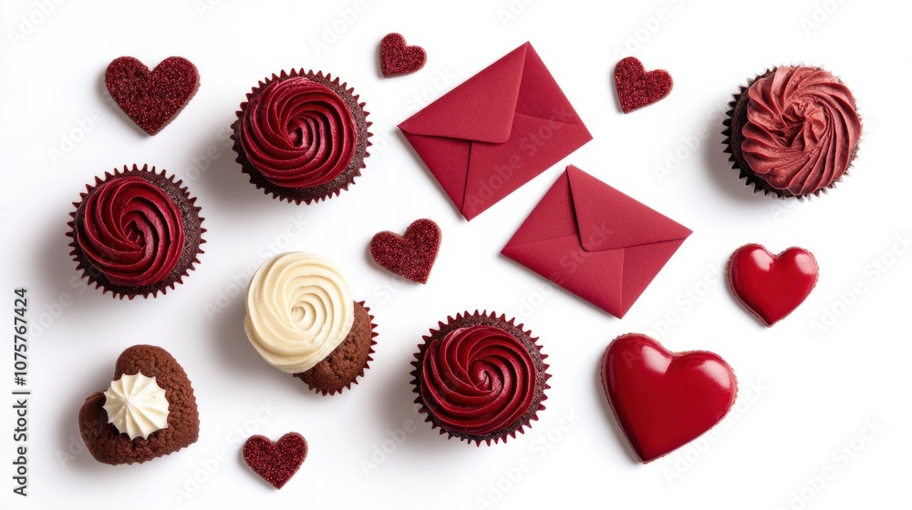 Flat lay of red velvet cupcakes, heart-shaped cookies, and love letters, isolated on white Flat lay of red velvet cupcakes, heart-shaped cookies, and love letters, isolated on white