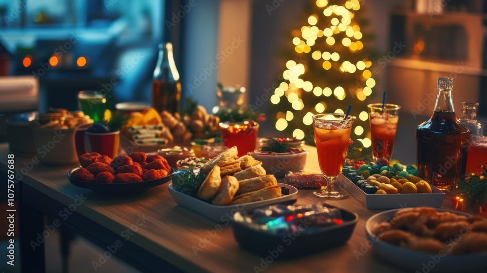 Fototapeta premium A cozy office party scene where employees celebrate the holidays around an elegantly