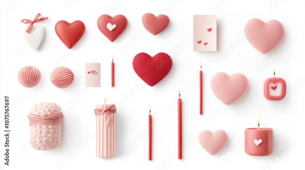 Flat lay with pink and red heart decorations, candles, and love notes, isolated on white Flat lay with pink and red heart decorations, candles, and love notes, isolated on white