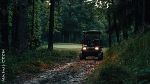 Golf cart traversing a serene forest path on a lush golf course