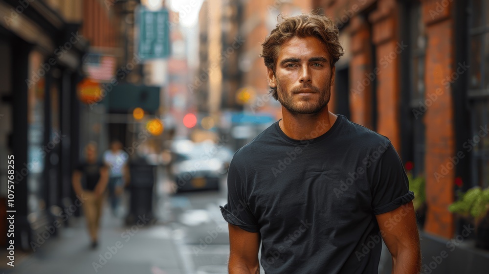 Attractive Male Model in Black T-Shirt Walking in New York City Street Mockup Attractive Male Model in Black T-Shirt Walking in New York City Street Mockup