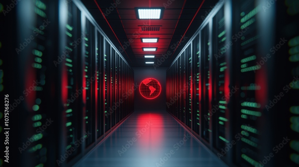 Glowing Globe Server Room Data Center Technology Concept Art Glowing Globe Server Room Data Center Technology Concept Art