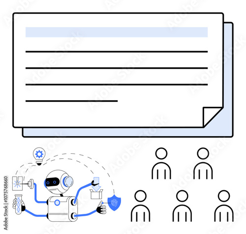 Documents robot with multiple arms performing tasks, six outlined human figures. Ideal for technology, automation, AI, human interaction, document management, security, innovation. Line metaphor photo