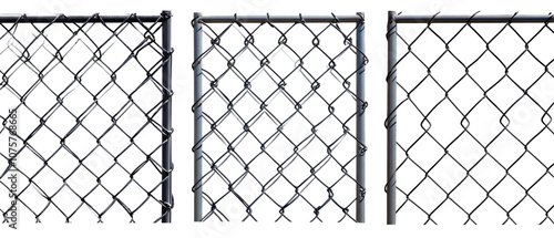 The image features three sections of chain-link fencing, showcasing the interwoven metal structure and its utility in enclosing spaces. photo