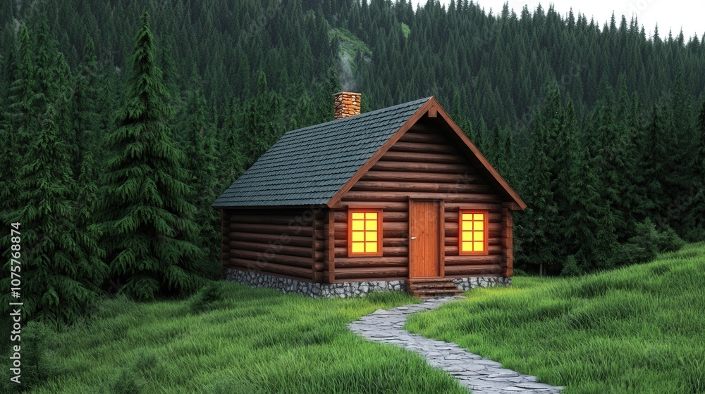 Cozy Log Cabin in Lush Forest at Dusk with Stone Path Cozy Log Cabin in Lush Forest at Dusk with Stone Path