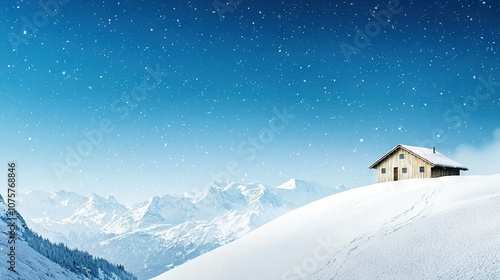   A house atop a snow-capped mountain beneath a blue sky, surrounded by snowflakes