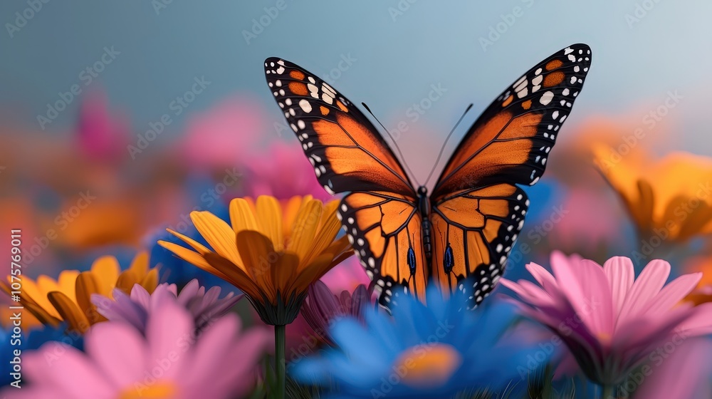 Fototapeta premium Monarch Butterfly on Vibrant Wildflowers Meadow with Golden Hour Sun Rays