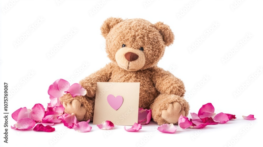 Valentine flat lay with a teddy bear, pink rose petals, and a love card, isolated on white Valentine flat lay with a teddy bear, pink rose petals, and a love card, isolated on white