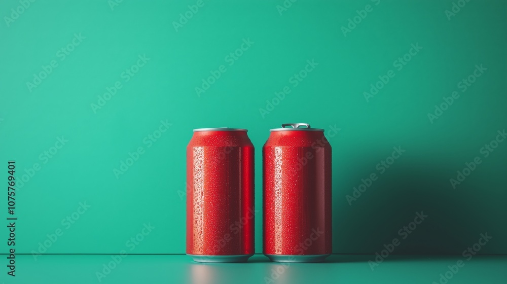 Two red soda cans on green background. Beverage mockup. Two red soda cans on green background. Beverage mockup.