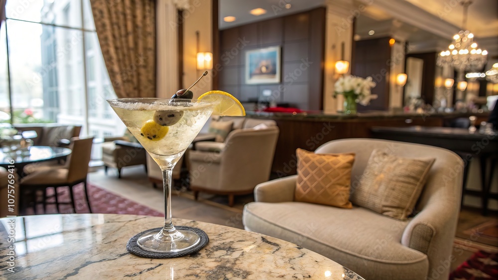 Elegant lounge with martini glass on marble table in luxurious hotel setting Elegant lounge with martini glass on marble table in luxurious hotel setting
