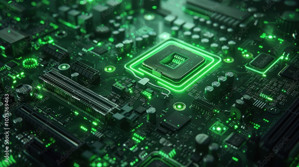Close-up of a computer motherboard with a glowing green CPU. Close-up of a computer motherboard with a glowing green CPU.