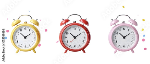 The image features three vintage-style alarm clocks in yellow, red, and pink, each displaying different times, emphasizing timekeeping and nostalgia.