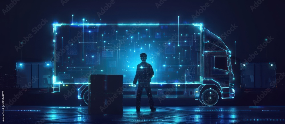 A digital silhouette of a semi-truck and a man in the foreground stand on a glowing platform, with a box in the left foreground. A digital silhouette of a semi-truck and a man in the foreground stand on a glowing platform, with a box in the left foreground.