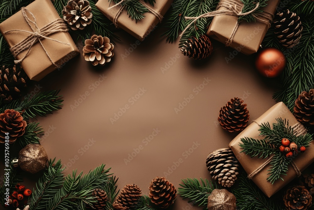 Christmas Flat Lay with Gift Boxes, Pine Cones and Tree Branches on Brown Paper Christmas Flat Lay with Gift Boxes, Pine Cones and Tree Branches on Brown Paper