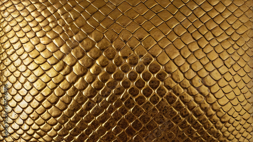 Closeup gold snake skin texture. Closeup of snake leather texture in dark gold fine scales with subtle shine and intricate pattern. Reptile skin pattern design, Eco-friendly camouflage
