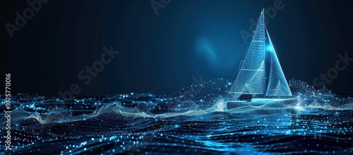 Abstract sailboat on blue water with digital wave effect.