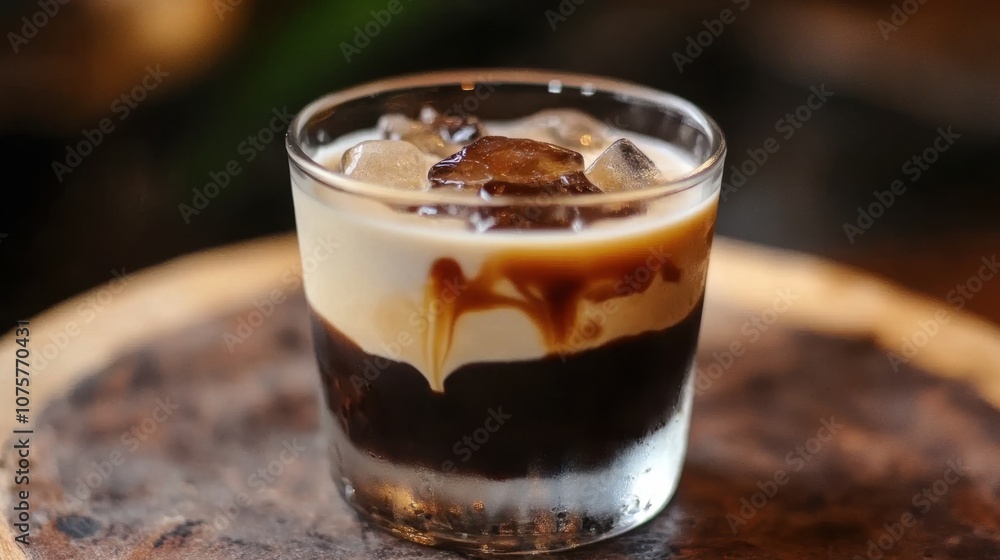 A high-quality close-up of a small glass of Vietnamese iced coffee, A high-quality close-up of a small glass of Vietnamese iced coffee,