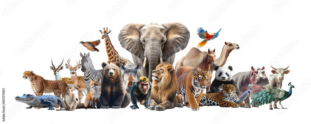 Fototapeta premium Panoramic poster of different wild animals compilation on white background, Generative AI image.