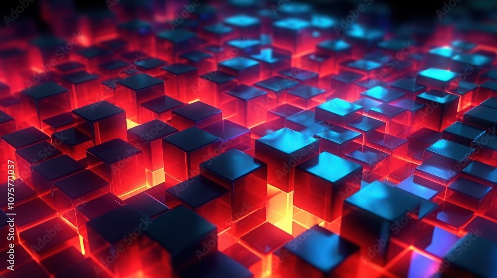 Abstract background of glowing red and blue cubes. Abstract background of glowing red and blue cubes.