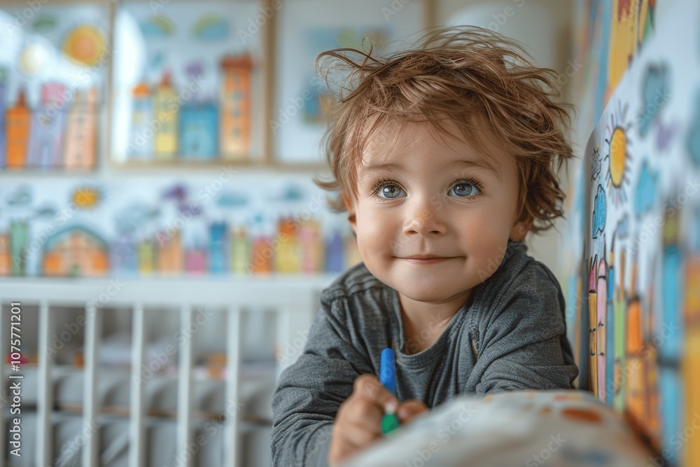 Little Boy Drawing on Wall with Crayons in a Colorful Room Little Boy Drawing on Wall with Crayons in a Colorful Room