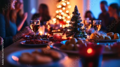 A lively office holiday party scene where colleagues enjoy the festive photo