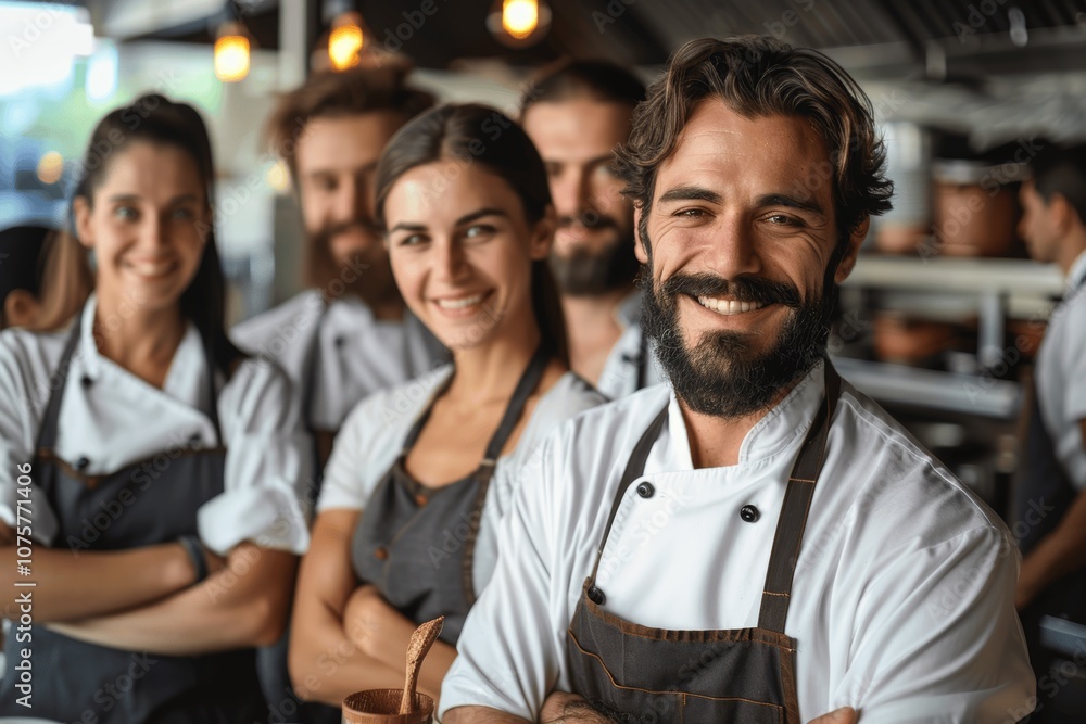Smiling Chef with Team in Restaurant Kitchen Smiling Chef with Team in Restaurant Kitchen