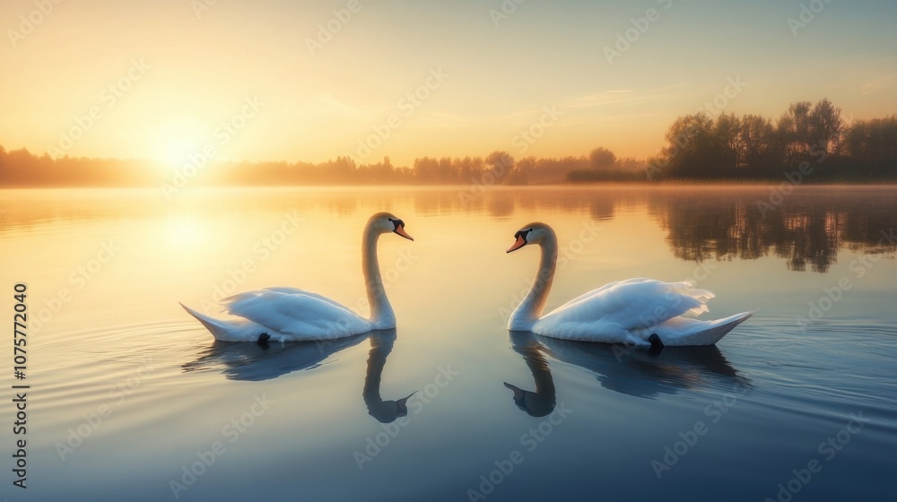 Fototapeta premium A pair of elegant swans gliding across a peaceful lake,