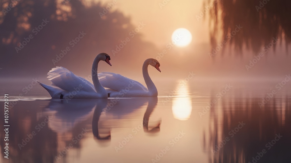 Fototapeta premium A pair of elegant swans gliding across a peaceful lake,