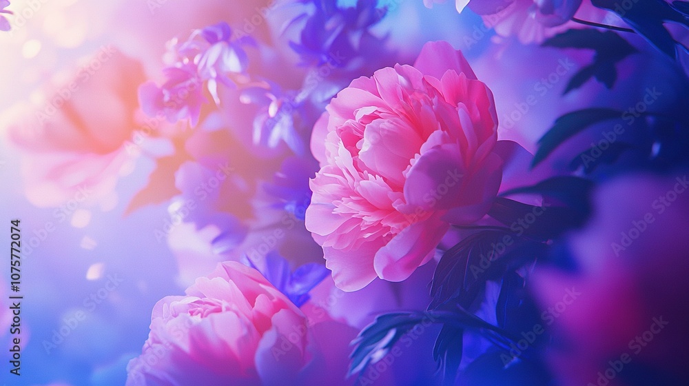 A blue and pink backdrop adorned with clear images of flowers, including a close-up of a few pink blooms A blue and pink backdrop adorned with clear images of flowers, including a close-up of a few pink blooms
